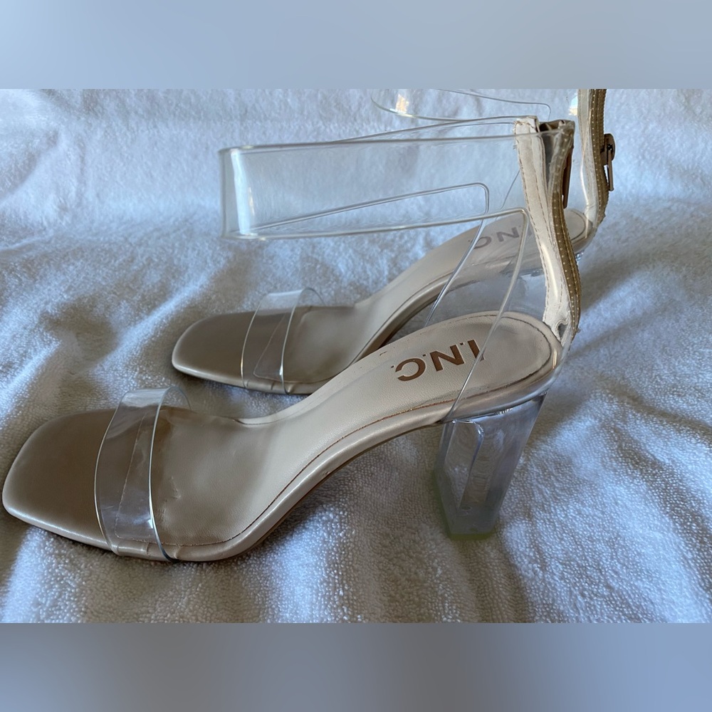 INC International Concepts Clear Strap Block Heels in Nude/Clear